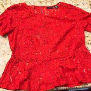 DKNY Red Lace Peplum unlined blouse